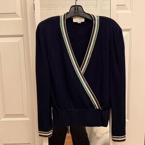 St. John Navy V-Neck Wrap Sweater with Multicolor Trim